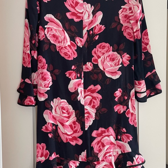 Kate Spade, Floral Ruffle Tiered Black & Pink Rose Print Rosa Shift Dress, Small - Picture 5 of 7